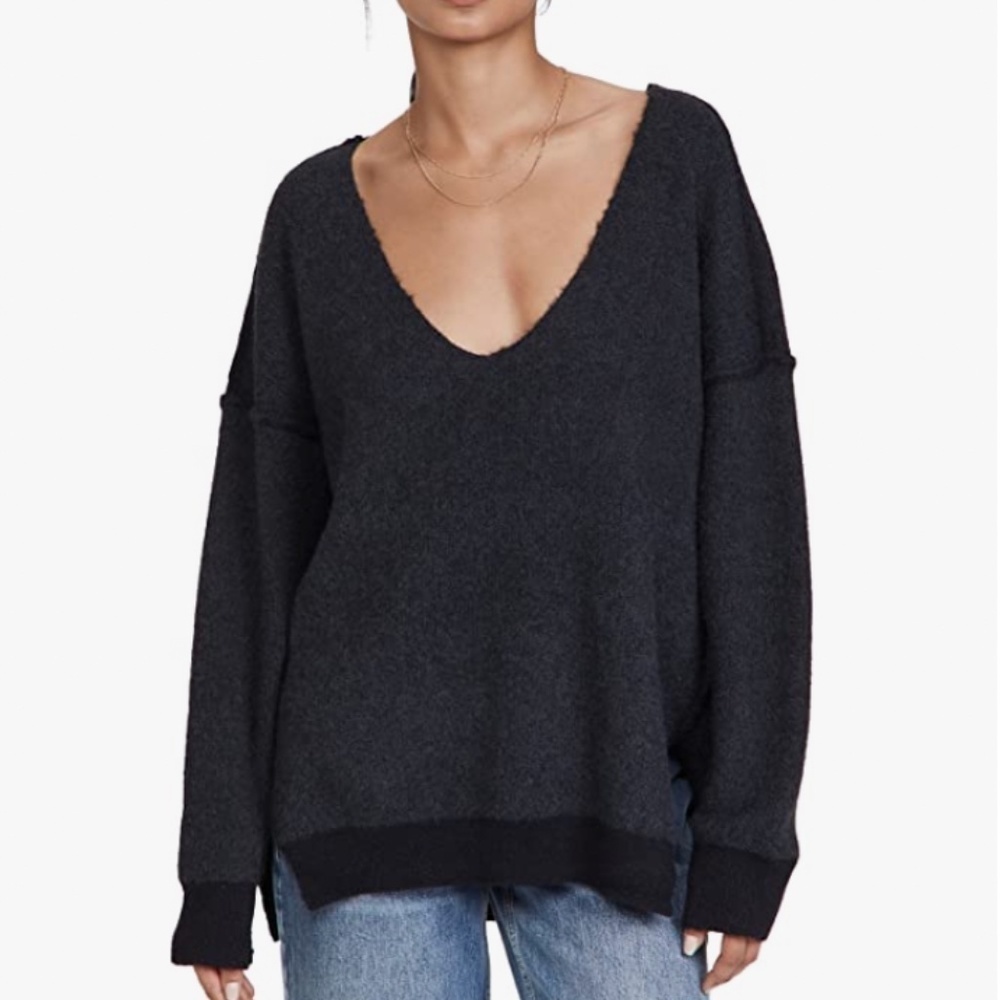 Free‎ People Oversized V-Neck Sweater Black Gray Medium